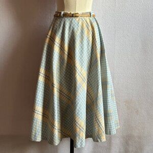 1970s Blue Plaid Flared Skirt